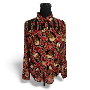 Womens Shirt Sz S Skulls Roses Cutouts Spiked Goth Rockabilly Long Sleeve Sheer